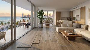 I have created another image for Miami SPC rigid core flooring. This visualization presents a sleek, modern apartment interior that connects directly to a balcony overlooking the Biscayne Bay at sunset. It emphasizes a distinct greige wood grain texture suitable for a luxury coastal market.